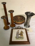3 Wooden Bobbins; Silverplated Vase; Vintage Basket; Trivet