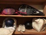 2 Vintage Bowling Balls & Shoes In Bags; 2 Tennis Rackets