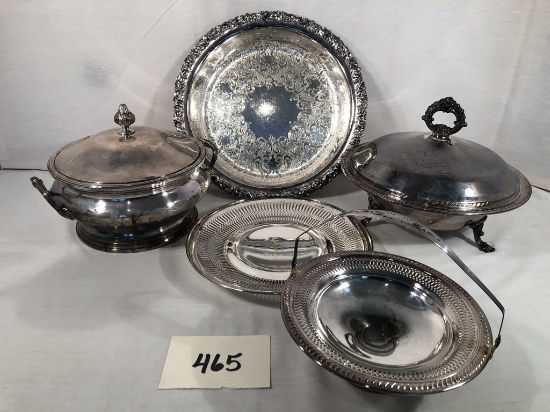 2 Nice Silverplated Serving Dishes W/ Lids; Silverplated Basket; Round Silv
