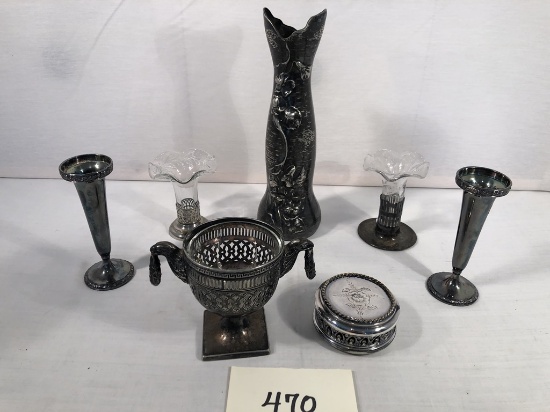 7 Old Silverplated Pieces - Vase Is 10½" Tall, Large Crack In Eagle Pedesta