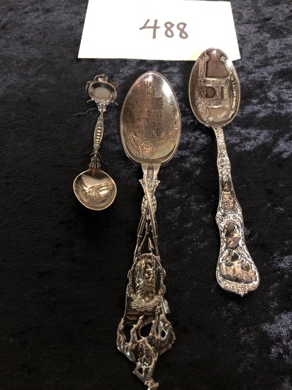 3 Sterling Souvenir Spoons - Butte Montana, Nevada & Yellowstone, 2.02 Ozt