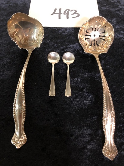 Sterling Ladle - 5¼"; Sterling Pierced Ladle - 6"; 2 Sterling Salt Spoons,