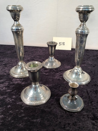 2 Pair Weighted Sterling Candlesticks - 9" & 3¾"; Small Sterling Candlehold