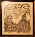 Vintage Thai Temple Rubbing - In Frame W/ Glass 19¼
