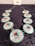 Vintage Zuni Mother Of Pearl & Turquoise Sterling Necklace - 35