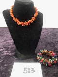 Very Cool Vintage Flex Bracelet W/ Multicolored Glass Beads; Coral Necklace