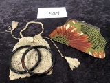 Vintage Silk Bag; Small Crocheted Bag; 2 Vintage Tortoise Style  Bangle Bra