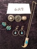 Sterling & Turquoise Claw Necklace; 2 Pairs Sterling & Turquoise Earrings