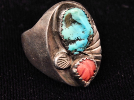Navajo Turquoise & Coral Sterling Ring