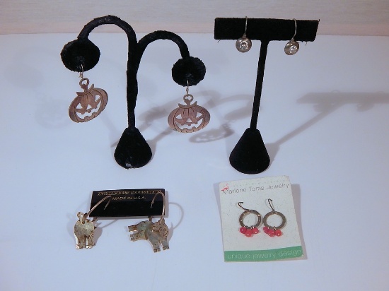 4 Pair Sterling Earrings - Pigs, Jack-o'-Lanterns, Etc.