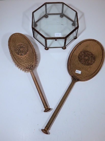 Vintage Filigreed Brass Brush & Beveled Mirror Set; Glass & Brass Display B