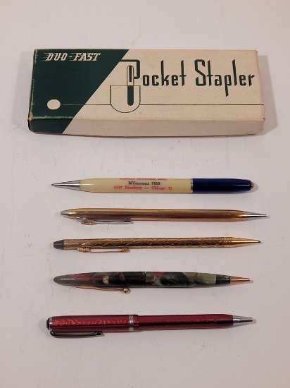 Vintage Pocket Stapler; Dealership Advertising Mechanical Pencil; 4 Vintage