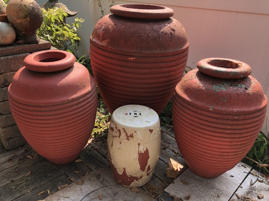 Pair Plastic Pots - 29", As Found; Plastic Pot - 39"; Garden Stool - Local
