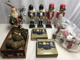 4 Wooden Nutcrackers; Beaded Fruit; Santa Figure; Misc.
