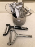 Nice Lot Cheese Slicers & Peelers In Pottery Jar