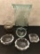 4 Crystal Ashtrays; Brass & Glass Votive; Large Glass Vase - 13½