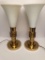 Pair Retro 1980s Heavy Brass & Glass Shaded Deco Style Torchiere Lamps