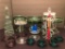 5 Glass Candle Stands/Plateaus; 8 Glass Votives; Marble Sphere W/ Writing O