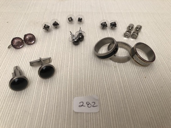 3 Men's Stainless Steel Band Rings; Pair Cufflinks; 6 Pair Ladies Earrings