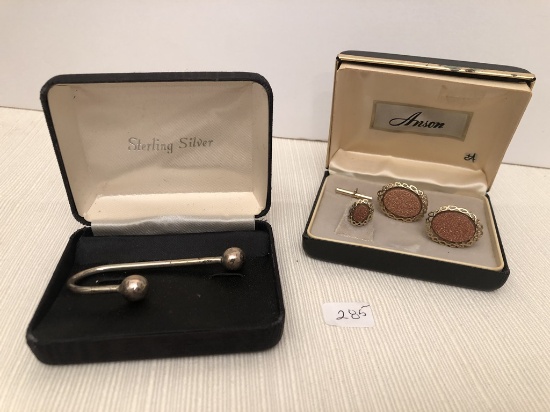 Vintage Cufflink Set; Sterling Key Holder