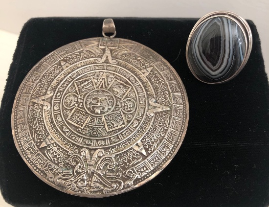 Large Sterling Medallion Pendant; Sterling Ring