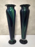 Pair Blue & Green Heavy Art Glass Vases - 17