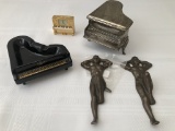 Piano W/ Clock; Vintage Piano Ashtray; Vintage Silver Piano Jewelry Box; 2