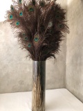 Large Glass Vase W/ Peacock Feathers