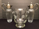 2 Silver & Crystal Wine Pitchers; Tall Crystal Ice Bucket - Minor Chip