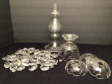 Large Lot Crystal Prisms; 3 Glass Bobeches; 2 Center Pieces