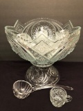 Large Pressed Glass Punch Bowl W/ Cups & Ladle