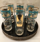 Set Of 6 Cool Mid-Century Modern Highball Glasses; Galleried Tray