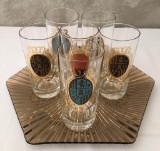 Set Of 6 Vintage Mid-Century Modern Highball Glasses & Glass Tray
