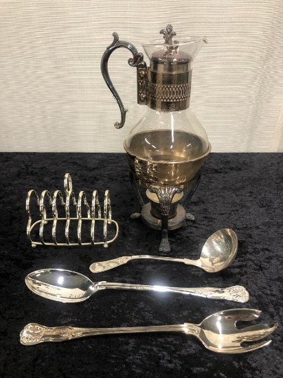 Silverplated Coffee Server, Toast Rack & 3 Serving Pieces