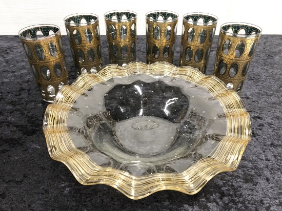 Set Of 6 Vintage Glasses; Venetian Glass Bowl