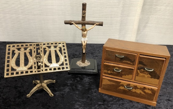 Crucifix; Small Inlaid Jewelry Box; Small Metal Music Stand