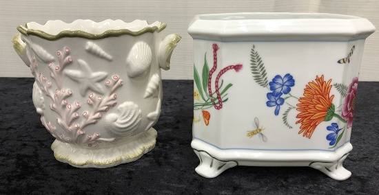 Lynn Chase Signed Cachepot - 6½" Tall; Vintage Italy Scalloped Cachepot - 6