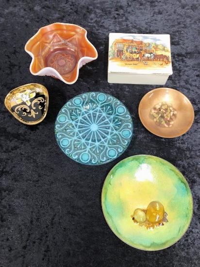 Carnival Glass Iridescent Marigold Dish - 6"; 2 Enameled Dishes; Signed Art