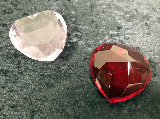 2 Faceted Heart-Shaped Paperweights