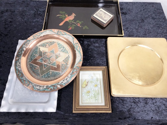 4 Gold Colored Chargers; 2 Trays; Coasters; Copper Hand-Tooled Charger; Vin