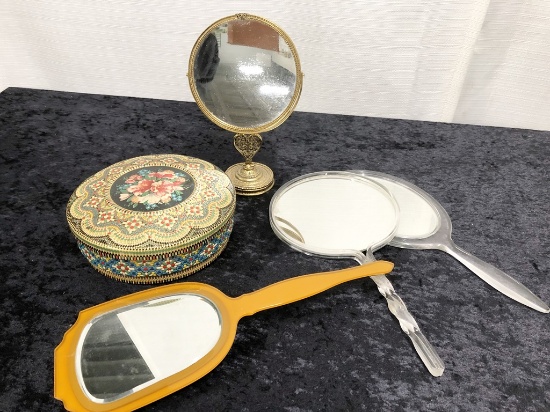 Vintage Filigree Double-Sided Mirror; Old Tin W/ Wooden Spools; 2 Lucite Do