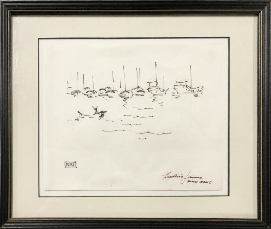 Frederick James, Pen & Ink Drawing, Hong Kong, In Frame W/ Glass - 13"x16½"