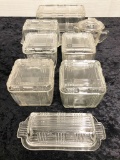 5 Depression Clear Glass Refrigerator Dishes; 2 Butter Holders; Large Sugar