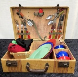 Vintage Picnic Set W/ Bakelite-Handled Utensils & Colorful Plates