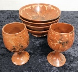 2 Etched Potter Goblets; 4 Etched Bowls