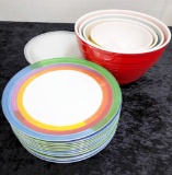 14 Texasware Plates; Set Of Colorful Mixing Bowls W/ Lids