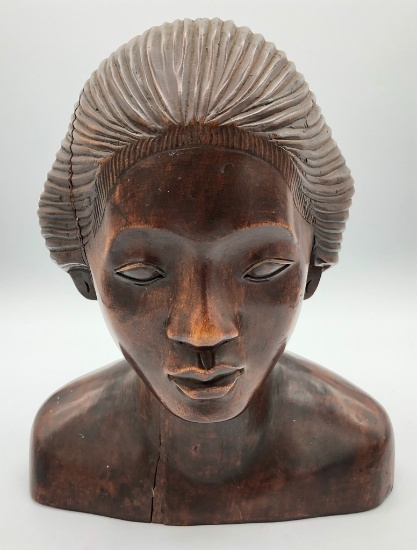 African Carved Wooden Bust - Woman, 10", Age Cracks