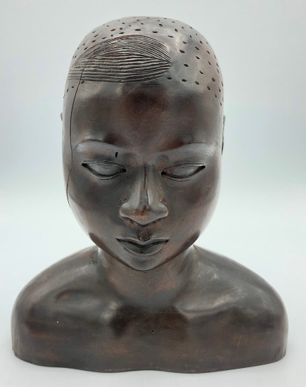 African Carved Wooden Bust - Man, 8", Age Cracks
