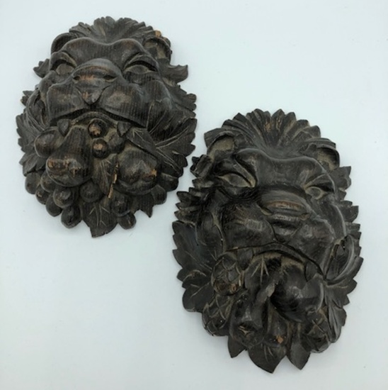 Pair Wooden Architectural Carved Lions & Fruit - 8½"x6"