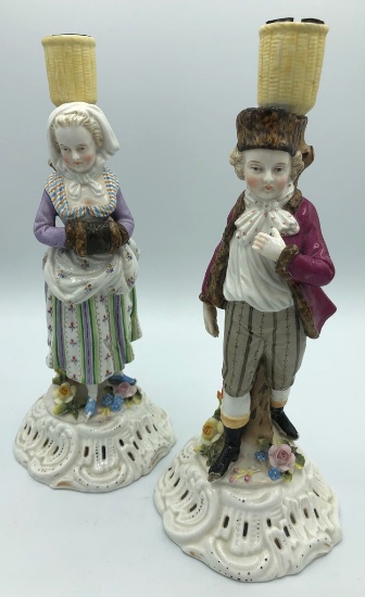 Pair Meissen Figural Candlesticks - 10¼", Minor Loss On Male Figure's Boot